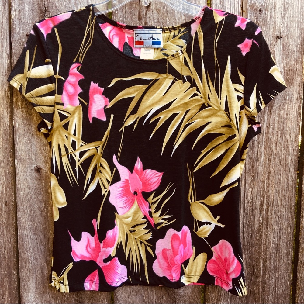 Chere Amie Black Tropical Cap Sleeve Top Large